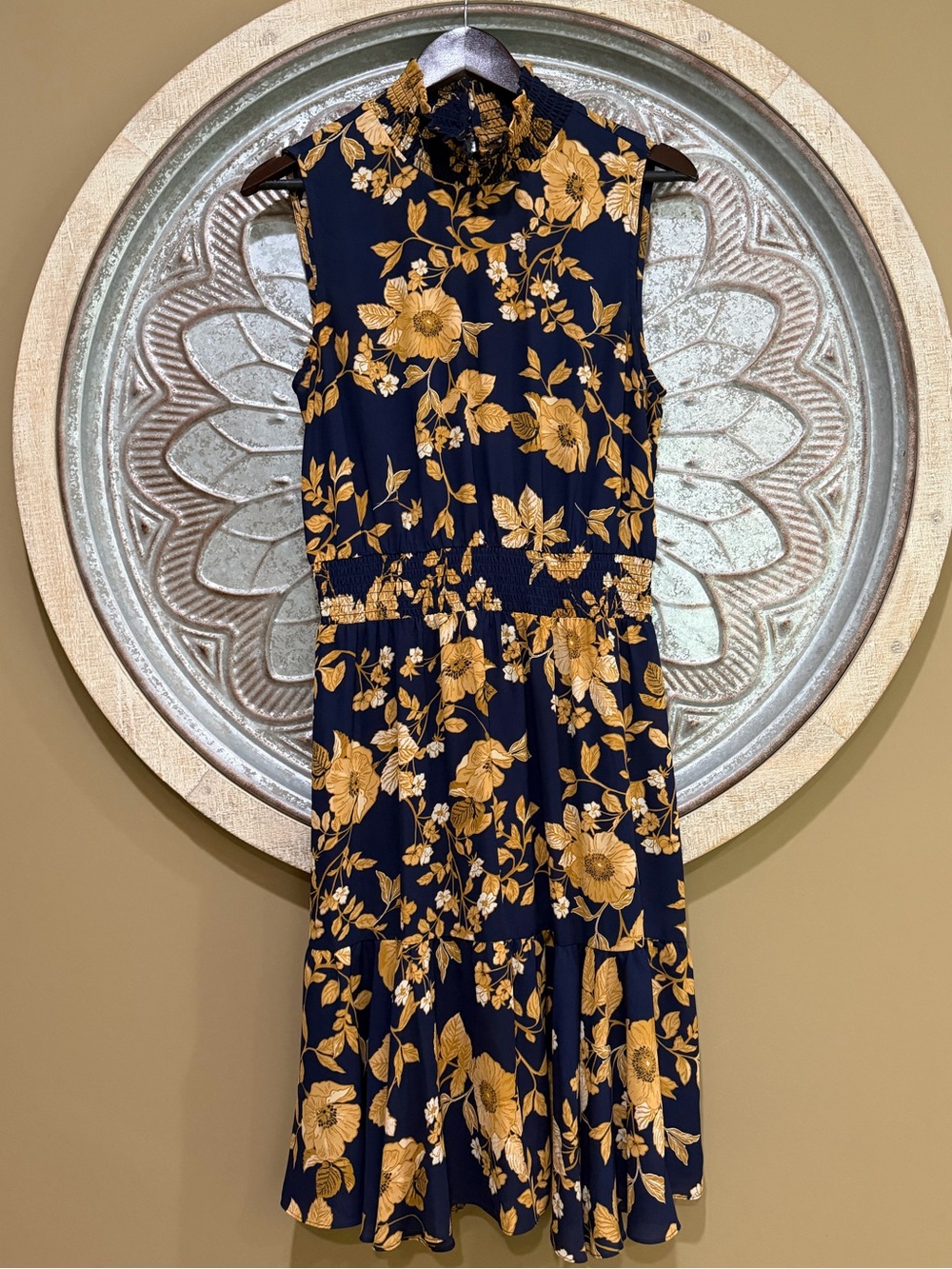 Nanette Lepore High Neck Navy Midi Dress with Mustard Gold Floral Print Ruffles